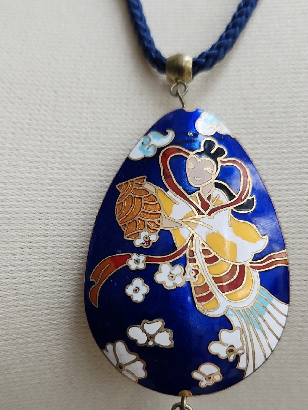Vintage Chinese Blue Floral Enamel Teardrop Pendant Necklace with Tassel